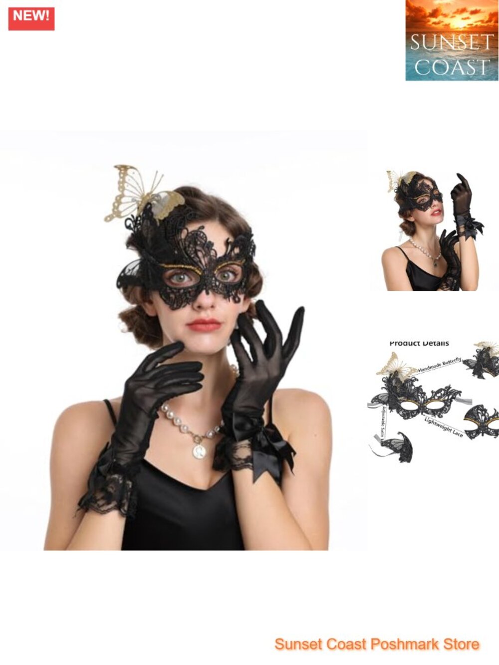 Lace Masquerade Mask and Gloves Set Butterfly Rhinestones Costume